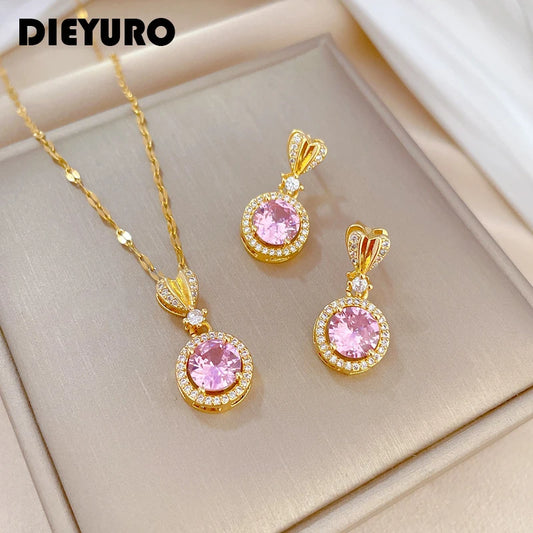 DIEYURO 316L Stainless Steel Round Pink Stone Pendant Necklace Earrings For Women Girl Clavicle Choker Trendy Jewelry Set Gift